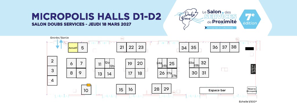 Plan d'implantation des stands du Salon Doubs Services 2027 - Micropolis Halls D1-D2